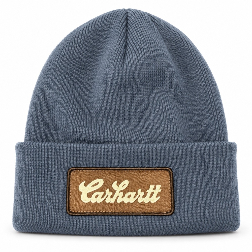 Carhartt Script Logo Patch Knit Beanie Hat Slate Blue Cuffed Winter Cap